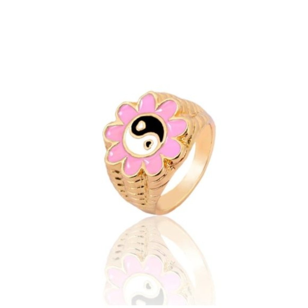 Large Pink Flower Yin Yang Gold Statement Ring 26$